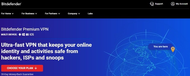 Bitdefender VPN home page screenshot