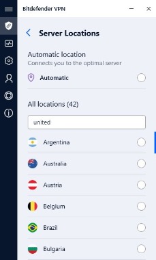 Bitdefender VPN list of server locations screenshot