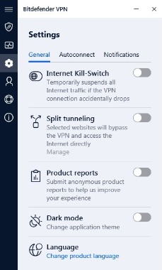 Bitdefender VPN settings menu screenshot