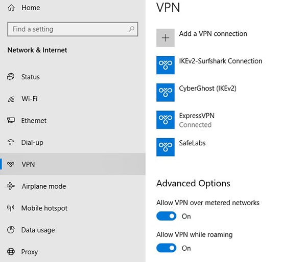 VPN connection in Windows Settings