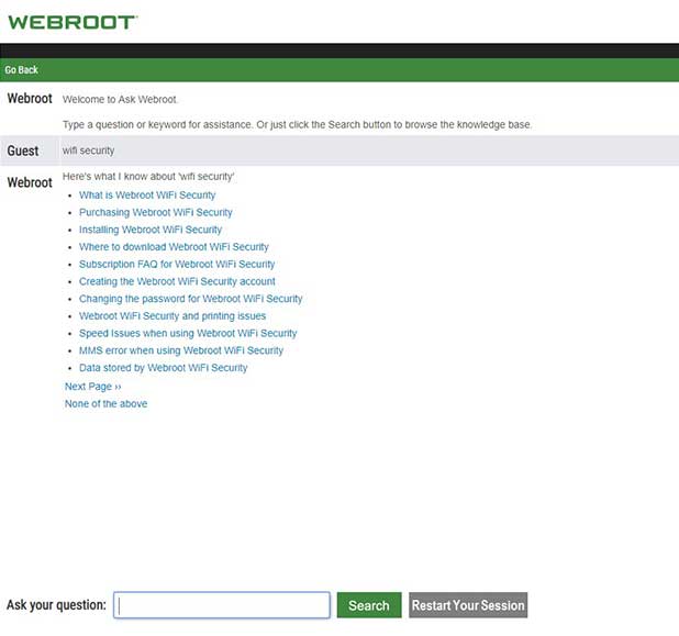 Webroot WiFi Security Customer Service Chat Window