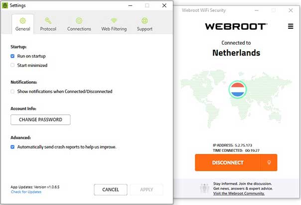 Webroot WiFi Security App Dashboard and Settings