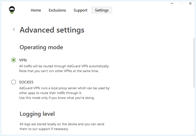 Screenshot of Adguard VPN, Advanced settings