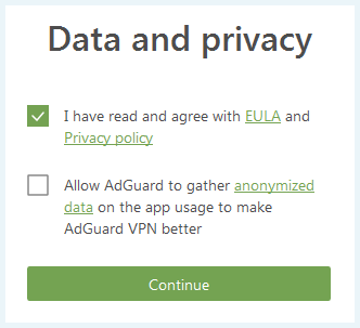 Screenshot of Adguard VPN, Data and privacy popup after installation