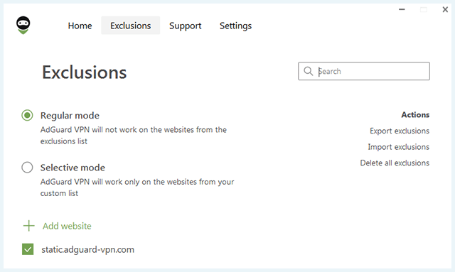 Screenshot of Adguard VPN, Exclusions