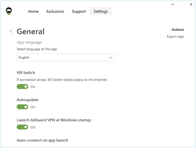 Screenshot of Adguard VPN, General settings