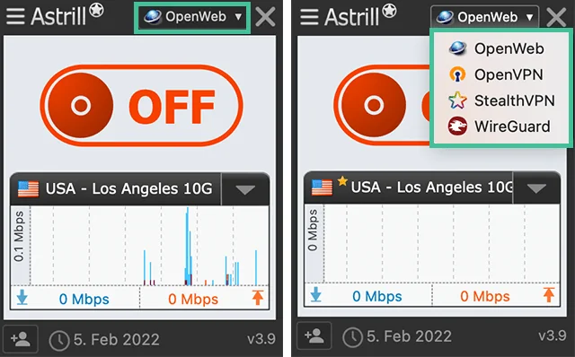 Screenshot of Astrill VPN app window and Astrill protocols