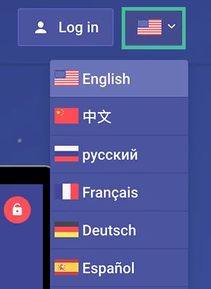 Screenshot of Astrill VPN, Language dropdown menu