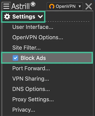 Screenshot of Astrill VPN, Settings dropdown menu, Block Ads option highlighted