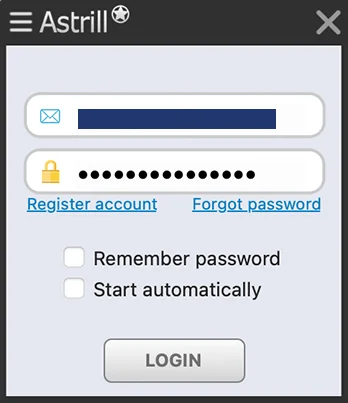 Screenshot of Astrill VPN, login window