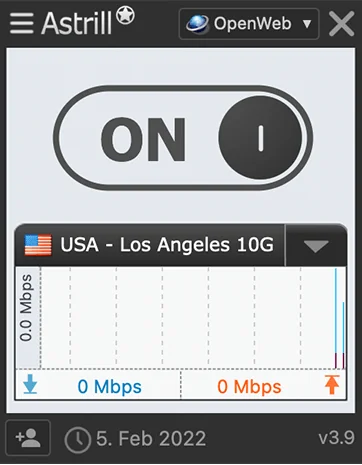 Screenshot of Astrill VPN app interface, Connected to the server