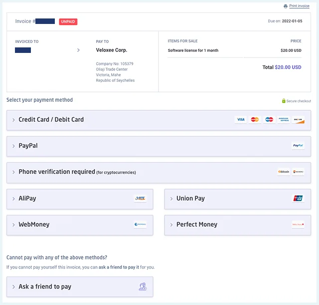 Screenshot of Astrill VPN, Payment page