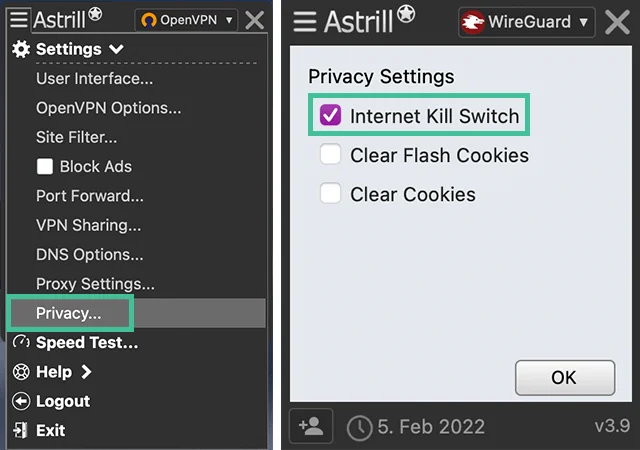 Screenshot of Astrill VPN, Settings dropdown menu, Privacy option highlighted