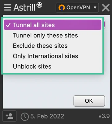 Screenshot of Astrill VPN, Site filter