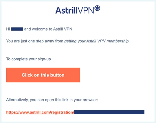 Screenshot of Astrill VPN, Welcome email