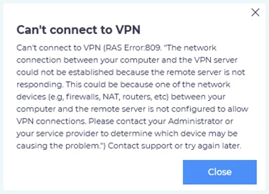 Screenshot of Atlas VPN, error 809, cannot connect to VPN