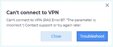 Screenshot of Atlas VPN, error 87, cannot connect to VPN