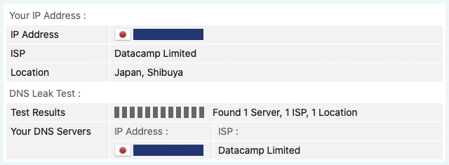 Screenshot of Atlas VPN, DNS leak test and IP test