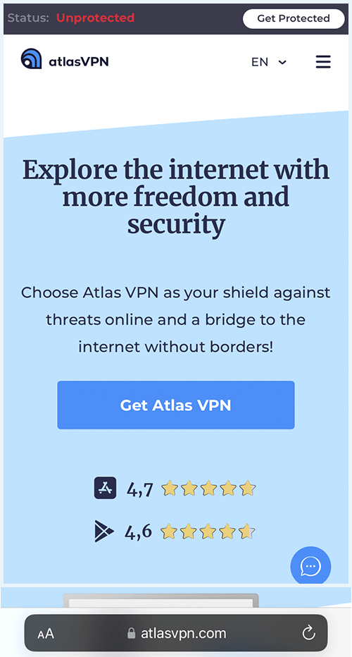 A screenshot on iPhone of the Atlas VPN homepage.