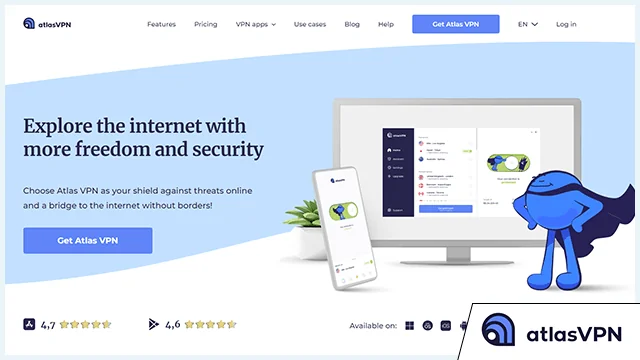 Screenshot of AtlasVPN website homepage with added logo in the corner