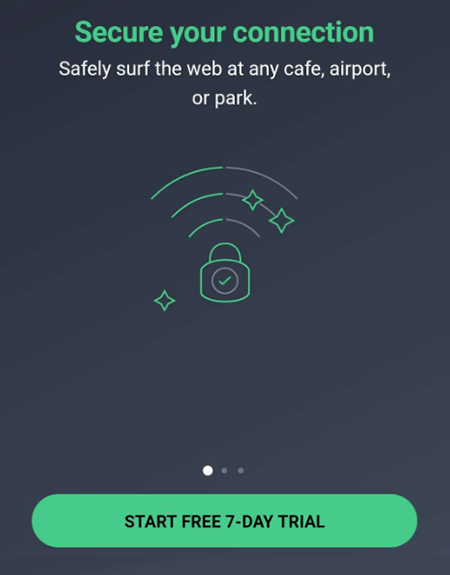 Screenshot of AVG VPN, android, start 7-day trial screen