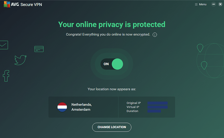 Screenshot of AVG VPN, client connected