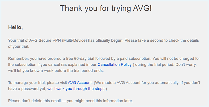 Screenshot of AVG VPN, free trial email confirmation