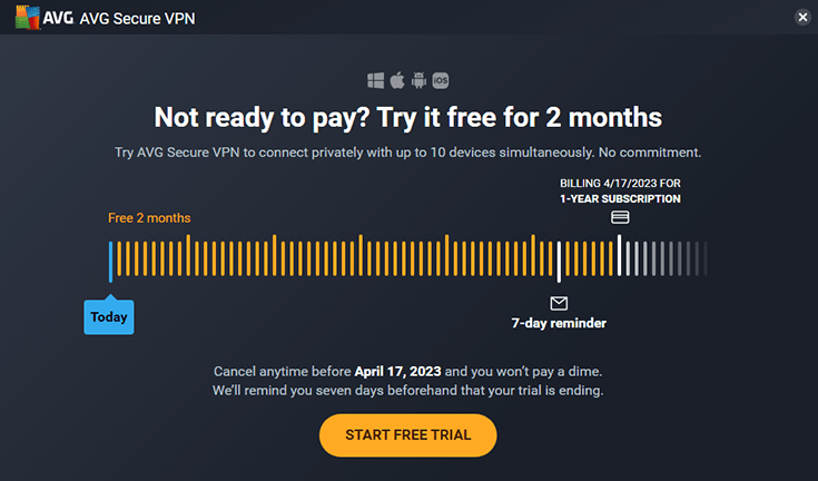 Screenshot of AVG VPN, free trial random offer