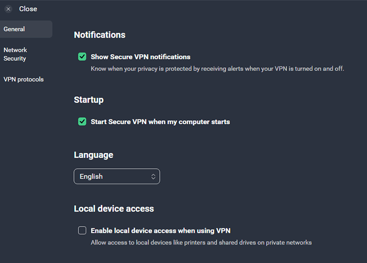 Screenshot of AVG VPN, general settings