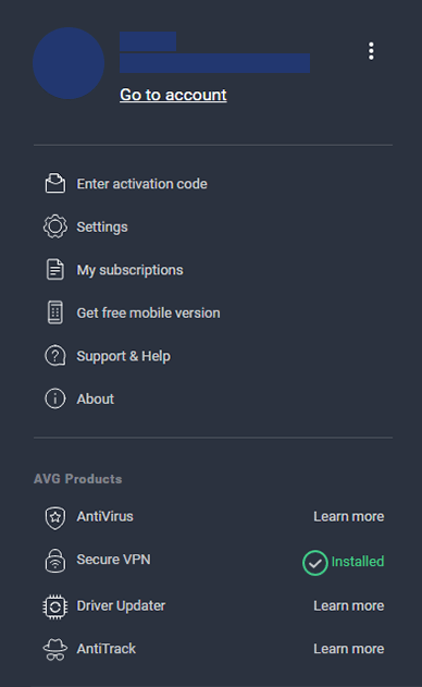 Screenshot of AVG VPN, hamburger menu options