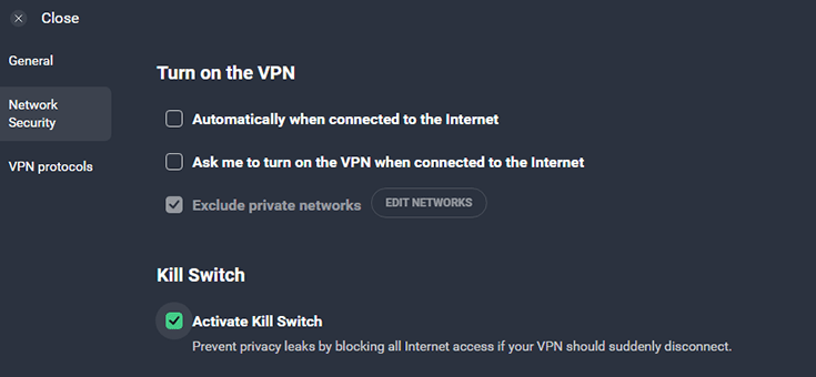 Screenshot of AVG VPN, kill switch settings