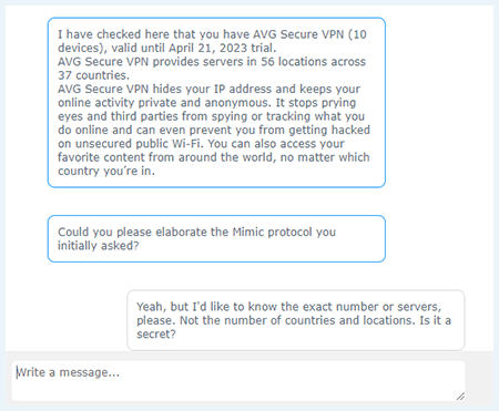 Screenshot of AVG VPN, live chat