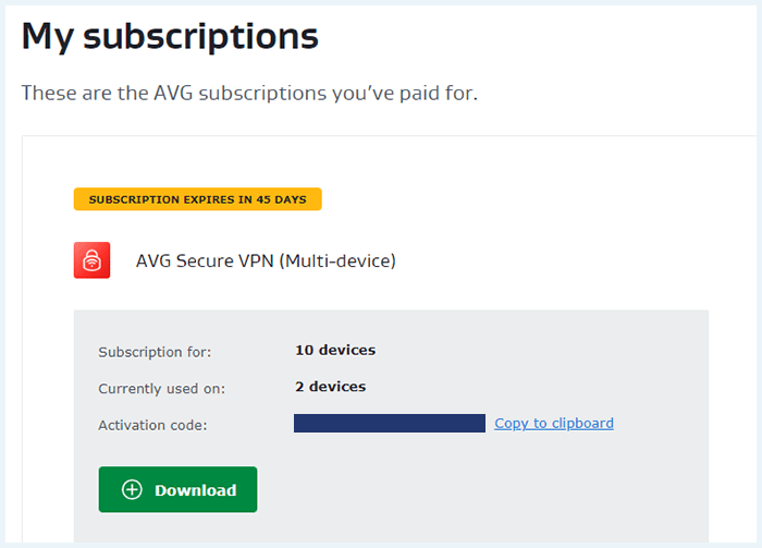 Screenshot of AVG, My subscriptions