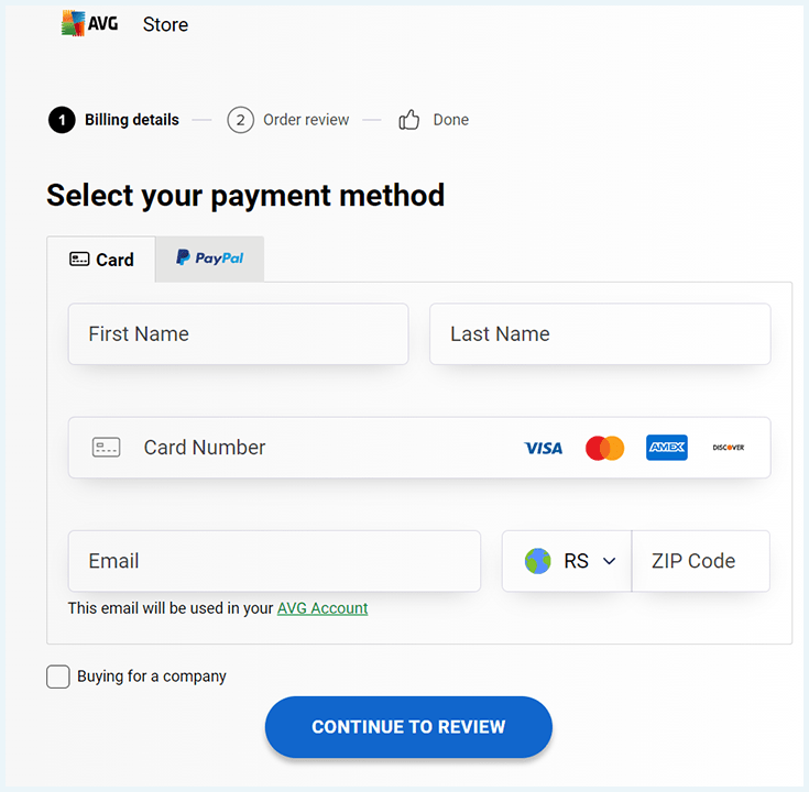 Screenshot of AVG VPN, payment methods, billing details