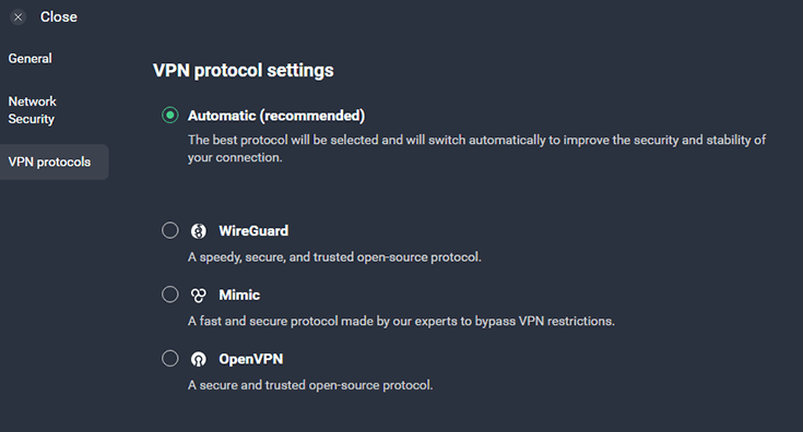 Screenshot of AVG VPN, protocols