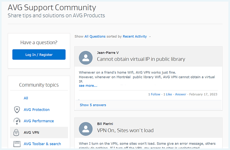 Screenshot of AVG VPN, support forum
