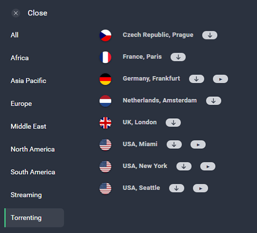 Screenshot of AVG VPN, torrenting servers