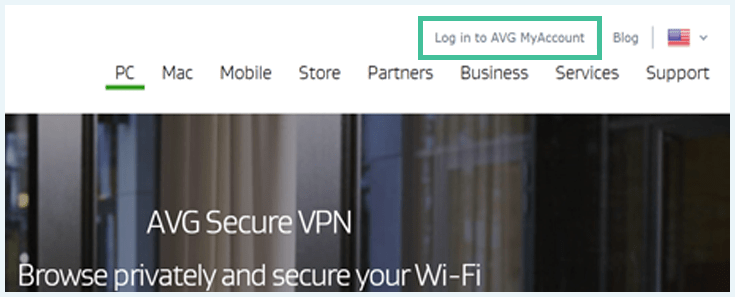 Screenshot of AVG website, closeup, Log in to AVG MyAccount button highlighted