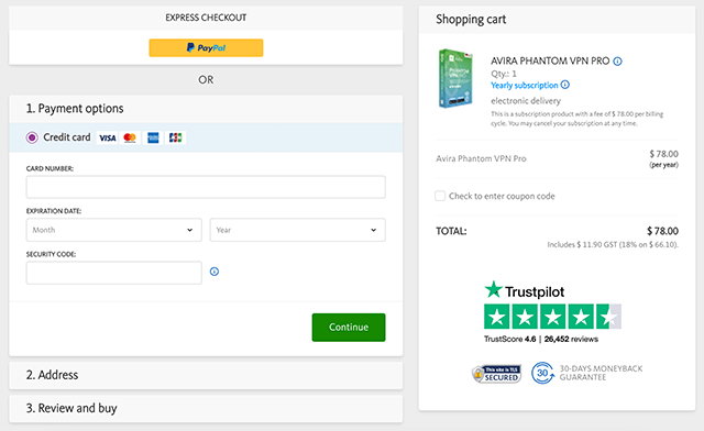 Screenshot of Avira Phantom VPN, Payment page