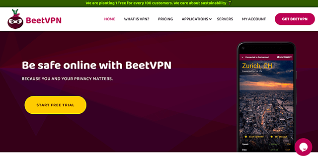 Screenshot of BeetVPN app, website homepage