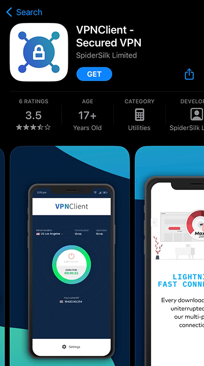 An image of the BeetVPN app on iOS but under the name VPNClient