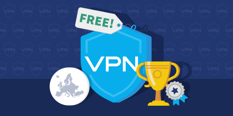 Europe map on a white circle, free VPN shield icon, trophy on a dark background