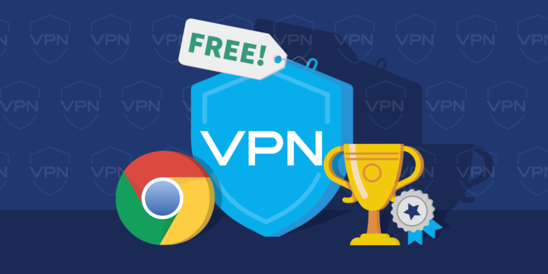 Chrome logo, free VPN shield icon and a trophy