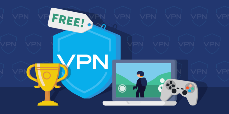 Trophy, FREE VPN shield icon, laptop and gaming controller