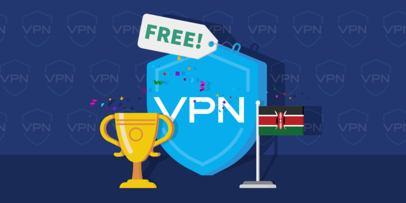 Trophy, Free VPN shield icon, Kenya flag and confetti flying around