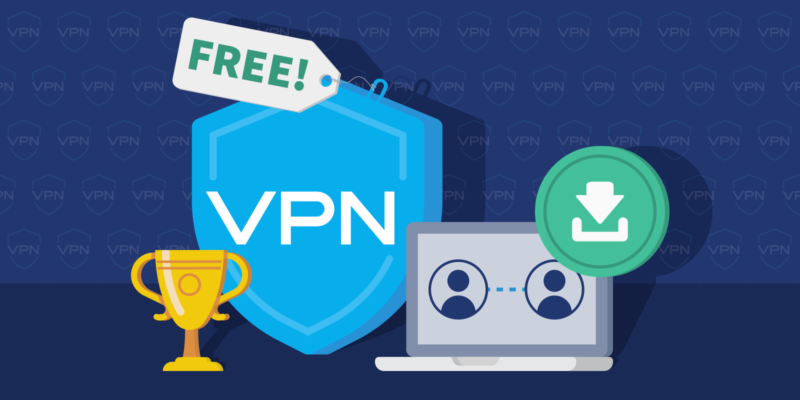 Trophy, Free VPN shield icon, laptop and a download icon on a dark background