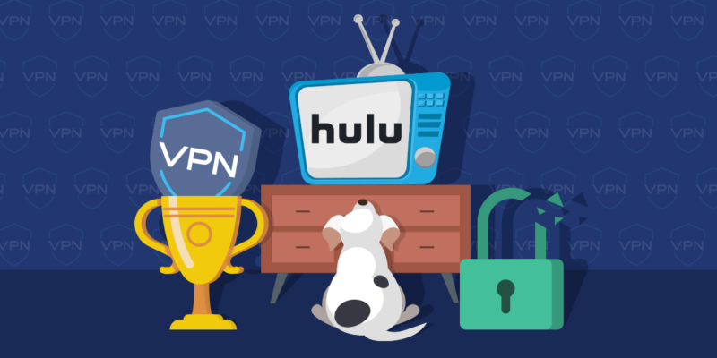 VPN shield icon in a trophy, puppy watching a TV and a broken padlock on a dark background