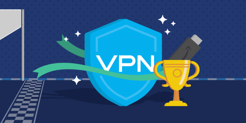 VPN shield icon running through the finish line with Amazon Fire TV Stick icon in a trophy