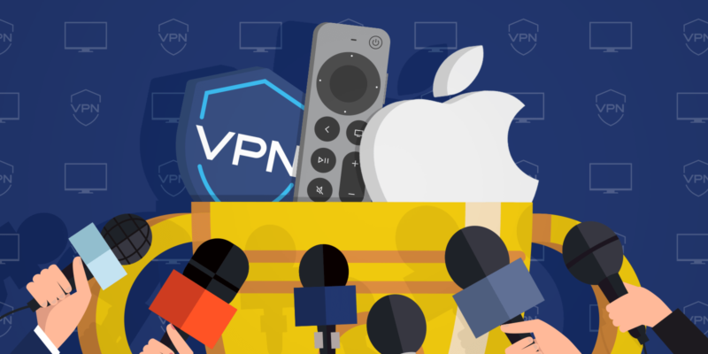 Apple logo, Apple TV remote control and a VPN shield icon inside of a trophy being interviewed by media as a winner of VPN competition