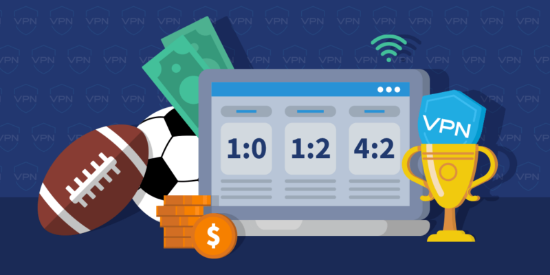 American football, soccer ball, dollar coins and bills, laptop with sports results and a VPN shield icon inside of a trophy